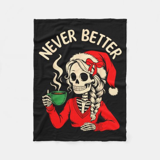 Skeleton Girl Santa Drinking Coffee Xmas Funny Sku Fleece Deken (Voorkant)