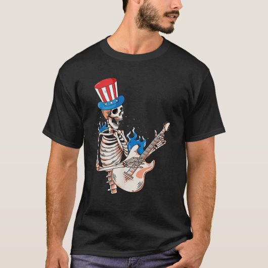 Skeleton gitaar spelen 4 juli Grappige Patrioti T-shirt (Voorkant)