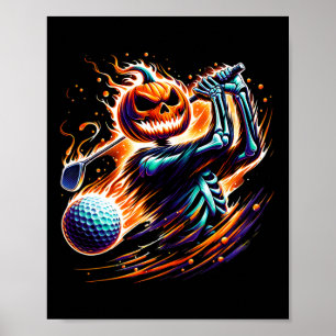 Skeleton Golfen Halloween Pumpkin Golfer Poster