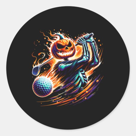 Skeleton Golfen Halloween Pumpkin Golfer Ronde Sticker (Voorkant)