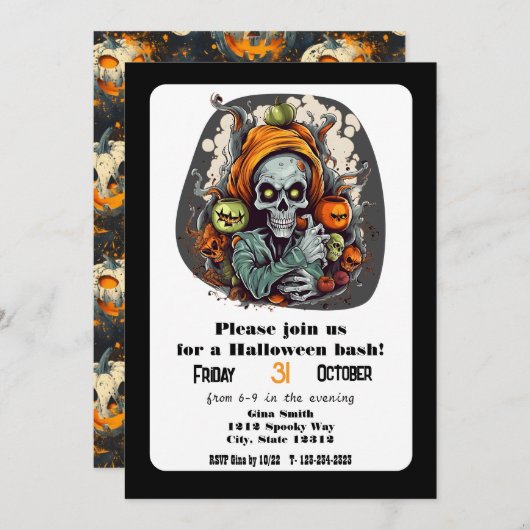 Skeleton Grim Reaper Halloween Bash Party Kaart (Voorkant / Achterkant)