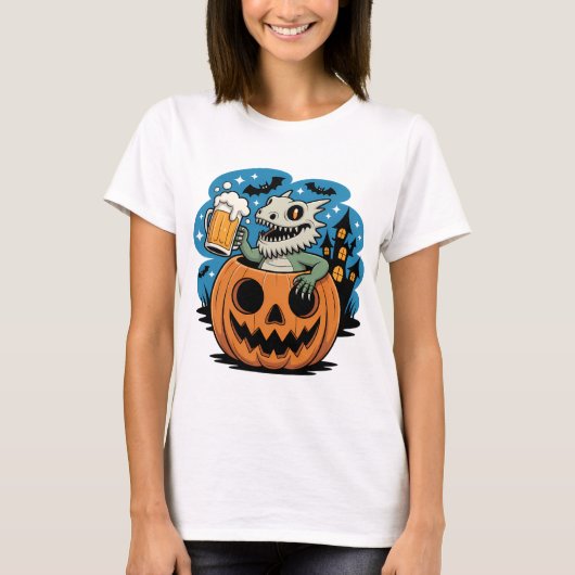 Skeleton Hagedis in Pompoen met Beer Mok T-shirt (Voorkant)