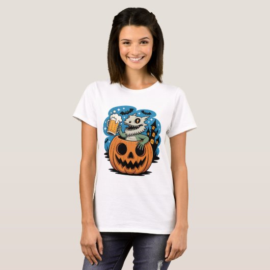 Skeleton Hagedis in Pompoen met Beer Mok T-shirt (Voorkant volledig)