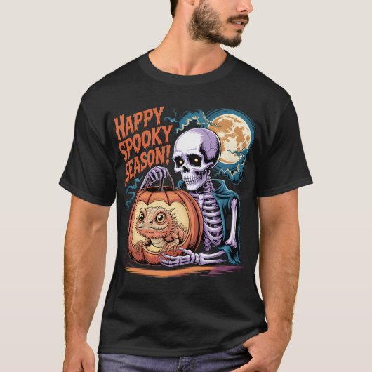 Skeleton & Hagedis Pompoen Halloween Kunst T-shirt (Voorkant)