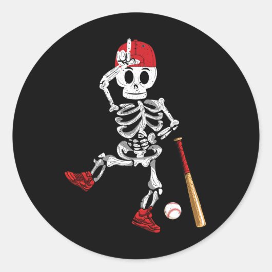 Skeleton Halloween Grappig Skeleton Baseball Spele Ronde Sticker (Voorkant)