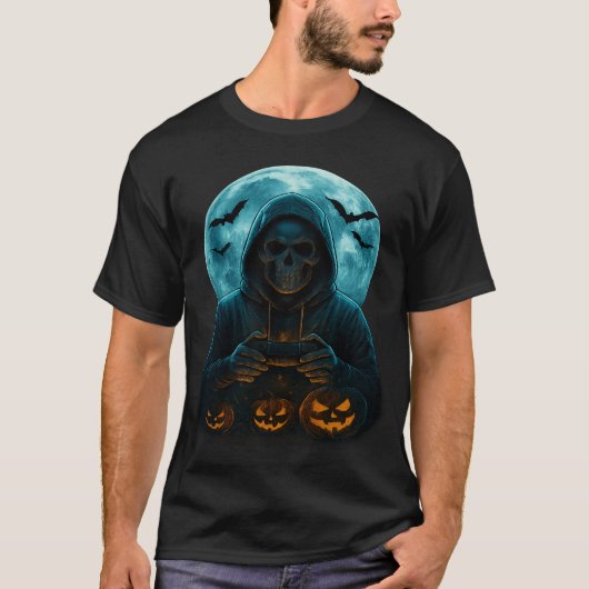 Skeleton Halloween Skull Gamer Spooky Pumpkin game T-shirt (Voorkant)