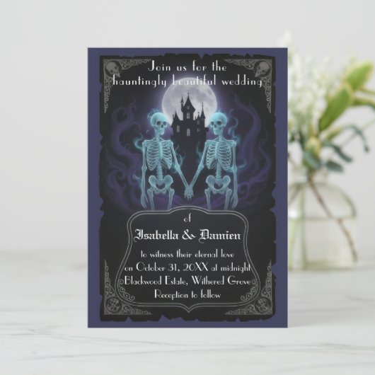 Skeleton Halloween Wedding Invitation Kaart (Staand voorkant)