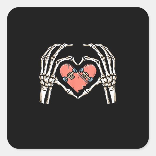 Skeleton Hand Hart Skateboard Valentijnsdag Funn Vierkante Sticker (Voorkant)