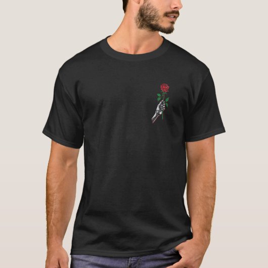 Skeleton Hand Holding Red Rose Flower Graphic Desi T-shirt (Voorkant)