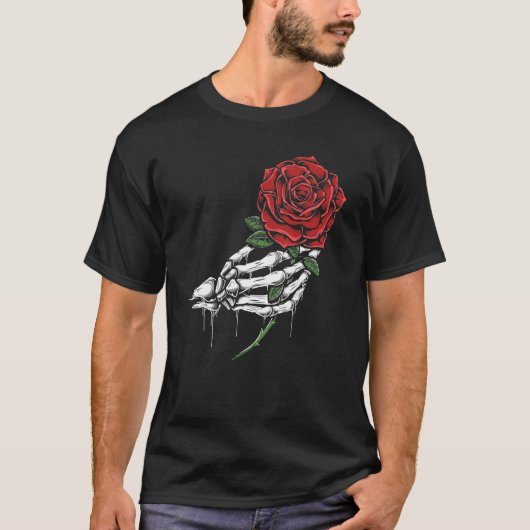 Skeleton Hand Holding Red Rose T-shirt (Voorkant)