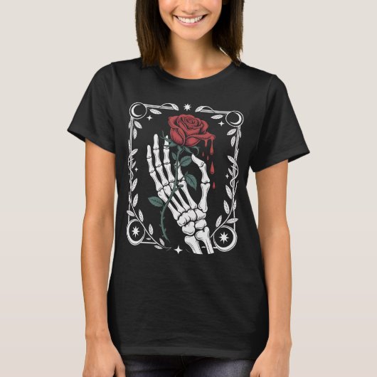Skeleton Hand Holding Rose Gothic T-Shirt for Dark (Voorkant)