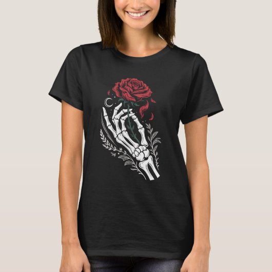 Skeleton Hand Holding Rose Gothic T-Shirt for Dark (Voorkant)