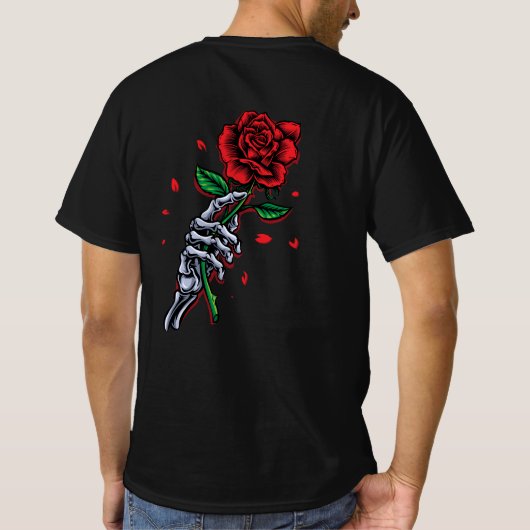 Skeleton Hand met Roos – Gotische Romance Art T-shirt (Achterkant)