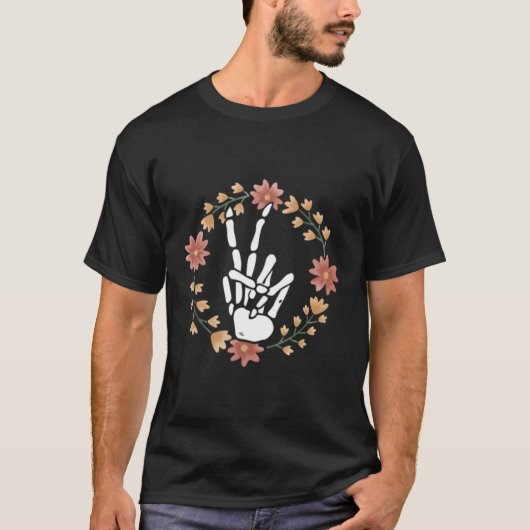 Skeleton Hand Peace Sign Botten Flowers T-shirt (Voorkant)