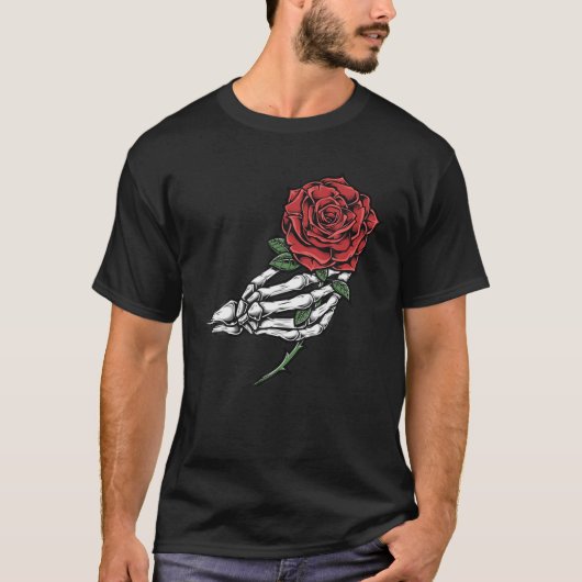 Skeleton Hand Red Rose Flower T-shirt (Voorkant)
