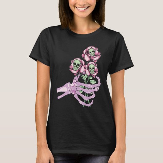 Skeleton Hand Skull Pastel Roses Graphic Valentine T-shirt (Voorkant)