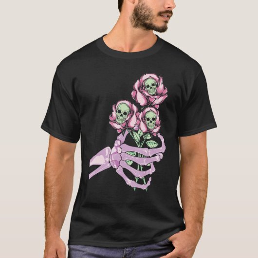 Skeleton Hand Skull Pastel Roses Graphic Valentine T-shirt (Voorkant)