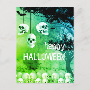 Skeleton Happy Halloween Green Night with Skulls Feestdagenkaart