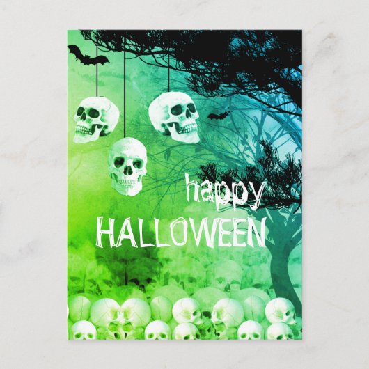 Skeleton Happy Halloween Green Night with Skulls Feestdagenkaart (Voorkant)