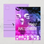 Skeleton Happy Halloween Paarse nacht met schedels Feestdagenkaart (Voorkant / Achterkant)