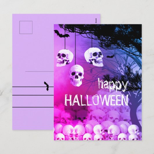 Skeleton Happy Halloween Paarse nacht met schedels Feestdagenkaart (Voorkant / Achterkant)