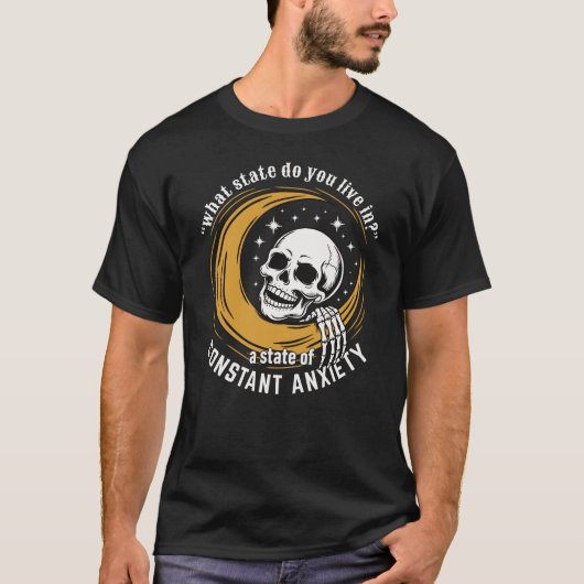 Skeleton Head Lounging on Crescent Moon Anxiety T-shirt (Voorkant)