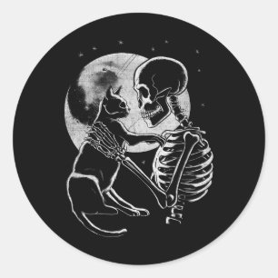 Skeleton Holding A Cat Funny Halloween Mannen Vrou Ronde Sticker