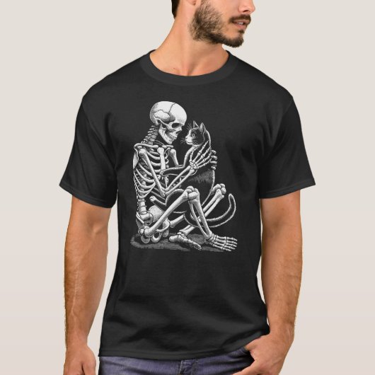 Skeleton Holding A Cat Funny Lazy Halloween Costum T-shirt (Voorkant)
