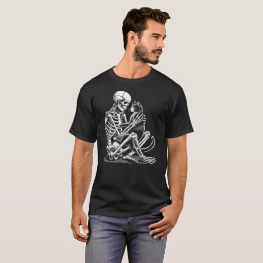 Skeleton Holding A Cat Funny Lazy Halloween Costum T-shirt (Voorkant volledig)