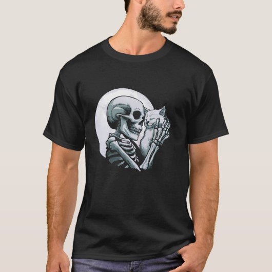 Skeleton Holding Cat Spooky Skull Halloween Gothic T-shirt (Voorkant)