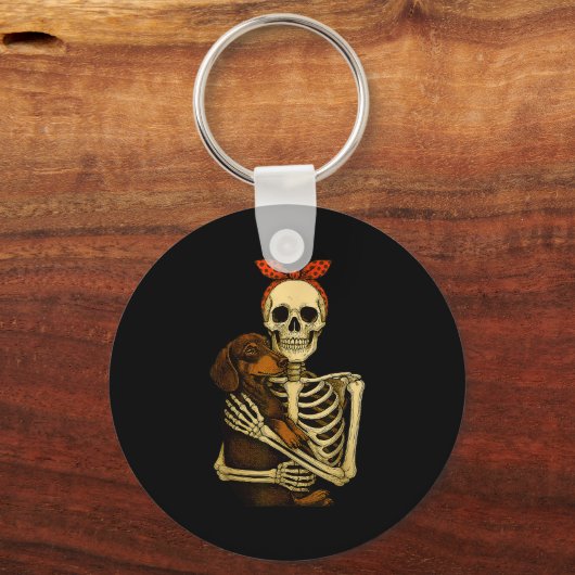 Skeleton Holding Dachshund Dog Funny Lazy Hallowee Sleutelhanger (Voorkant)