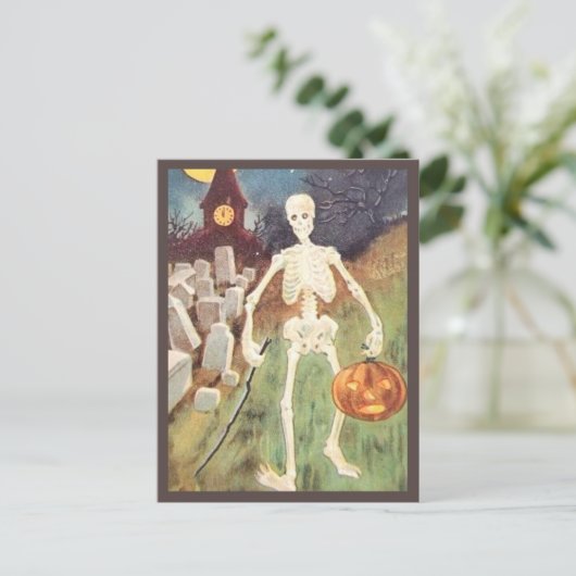 Skeleton Holding pomkin -  Halloween Briefkaart (Staand voorkant)
