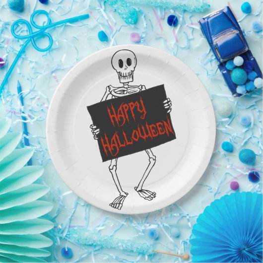 Skeleton Holding Sign Happy Halloween Papieren Bordje (Feest)