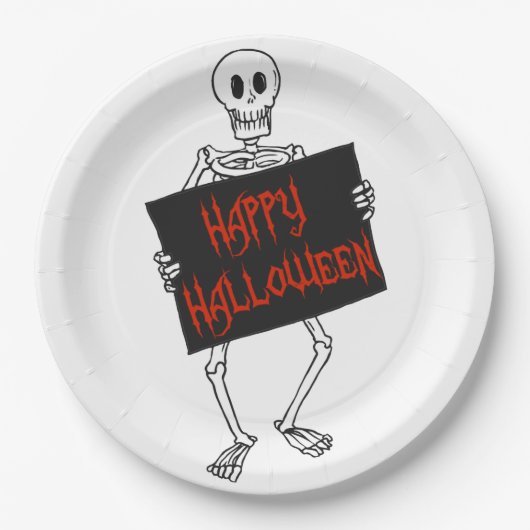Skeleton Holding Sign Happy Halloween Papieren Bordje (Voorkant)