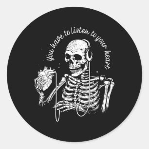 Skeleton Hoofdtelefoon Hart Gothic Muziek Hallowee Ronde Sticker