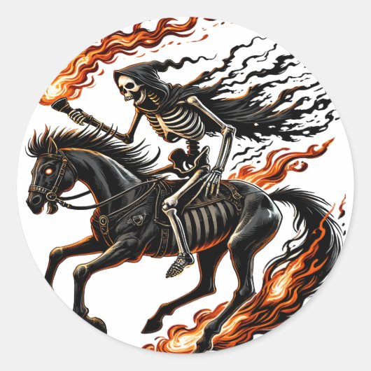 Skeleton Horseman Riding Flaming Horse Ronde Sticker (Voorkant)