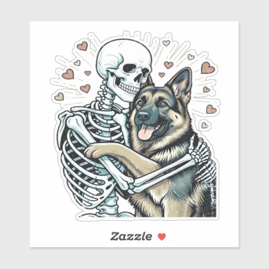 Skeleton Hugging a German Shepherd � Unique Gothic Sticker (Vel)