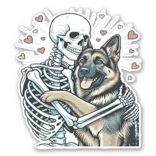 Skeleton Hugging a German Shepherd � Unique Gothic Sticker (Voorkant)