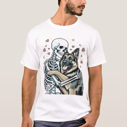 Skeleton Hugging a German Shepherd � Unique Gothic T-shirt (Voorkant)