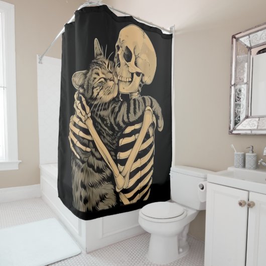 Skeleton Hugging Cat – Cute Gothic Cat Lover Gift Douchegordijn (In situ)