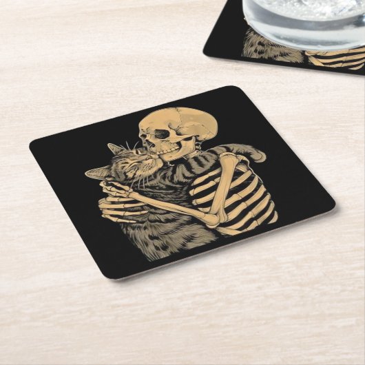Skeleton Hugging Cat – Cute Gothic Cat Lover Gift Kartonnen Onderzetters (Schuin)