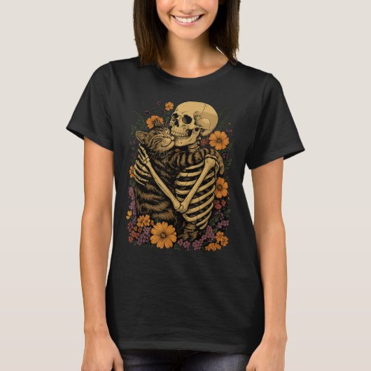 Skeleton Hugging Cat Floral Halloween Cats Lover  T-shirt (Voorkant)