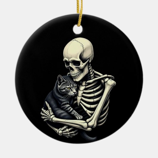 Skeleton Hugging Cat Funny Halloween Cat Lover Keramisch Ornament (Voorkant)