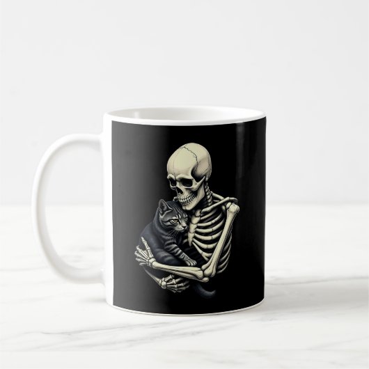 Skeleton Hugging Cat Funny Halloween Cat Lover Koffiemok (Links)