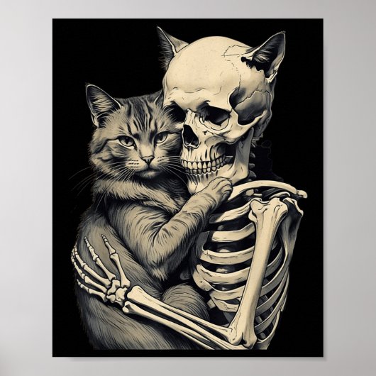 Skeleton Hugging Cat Lover Halloween T-shirt Funny Poster (Voorkant)