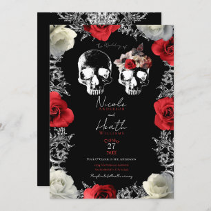 Skeleton Huid Rood Witte rozen Gothic Weddenschap Kaart