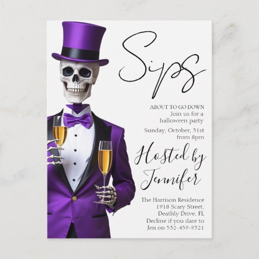 Skeleton in Purple Halloween Party Invite Feestdagenkaart (Voorkant)