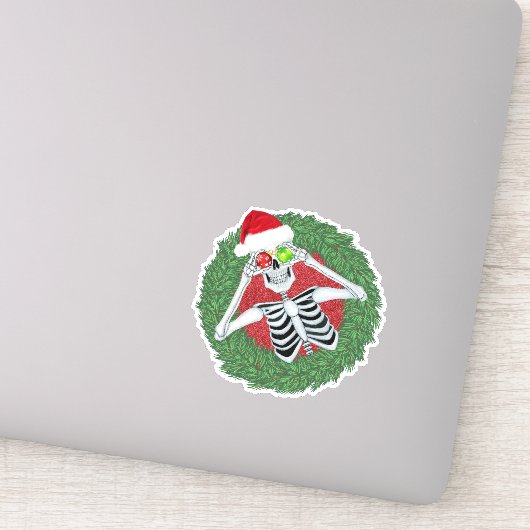 Skeleton in Santa Hat Kerstmis Balls Green Wreater Sticker (Detail)