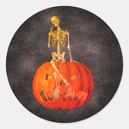 Skeleton Jack O Lantern Halloween Funny Ronde Sticker (Voorkant)