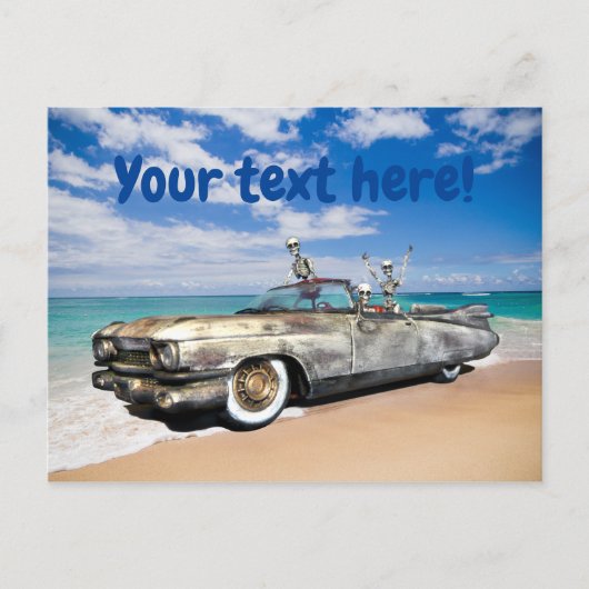 Skeleton Joyride Old Car op Beach Funny Briefkaart (Voorkant)